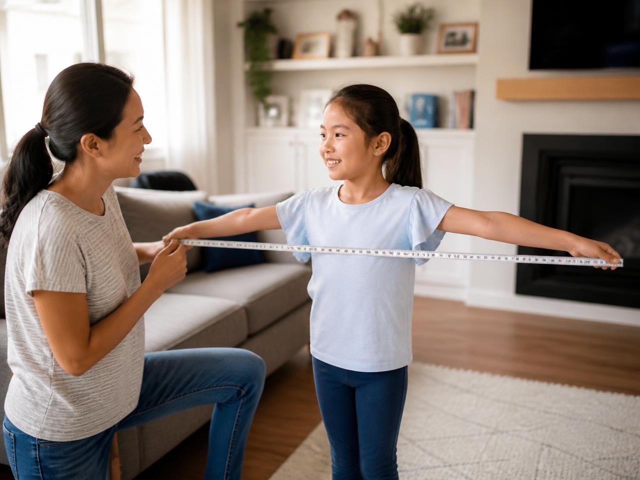 Parent measuring their child's arm span with a tape measure at home